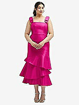 Rear View Thumbnail - Think Pink Bow-Shoulder Satin Midi Dress with Asymmetrical Tiered Skirt
