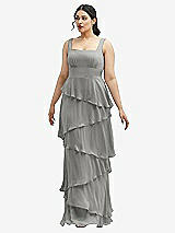 Front View Thumbnail - Chelsea Gray Asymmetrical Tiered Ruffle Chiffon Maxi Dress with Square Neckline