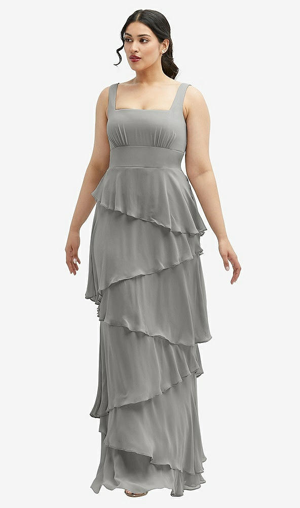 Front View - Chelsea Gray Asymmetrical Tiered Ruffle Chiffon Maxi Dress with Square Neckline