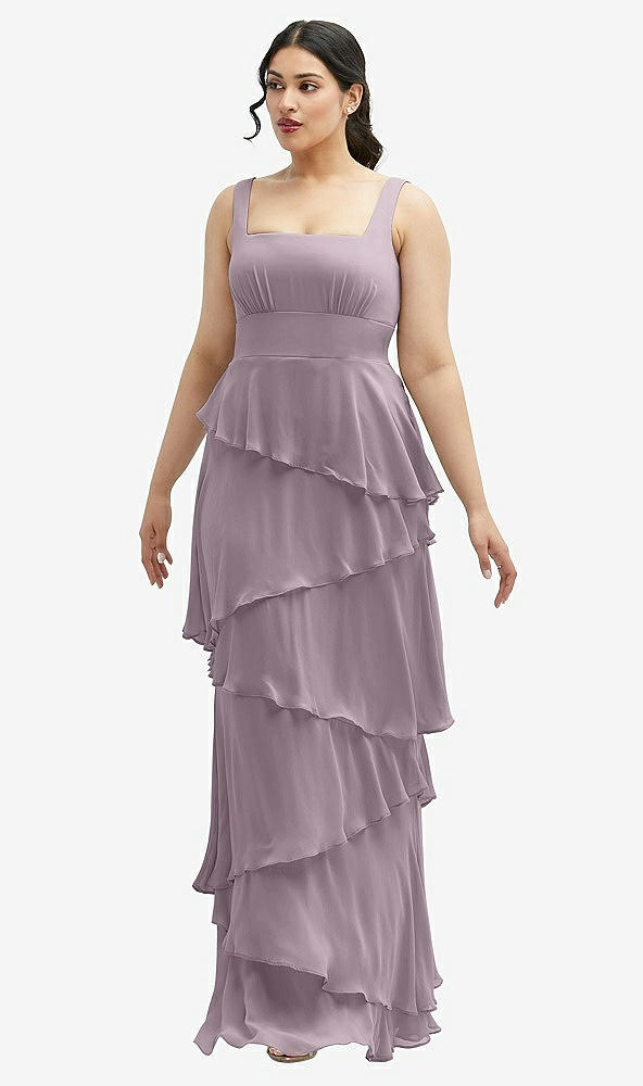 Front View - Lilac Dusk Asymmetrical Tiered Ruffle Chiffon Maxi Dress with Square Neckline