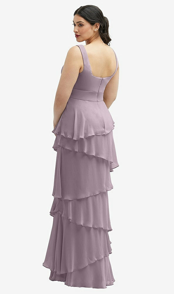 Back View - Lilac Dusk Asymmetrical Tiered Ruffle Chiffon Maxi Dress with Square Neckline