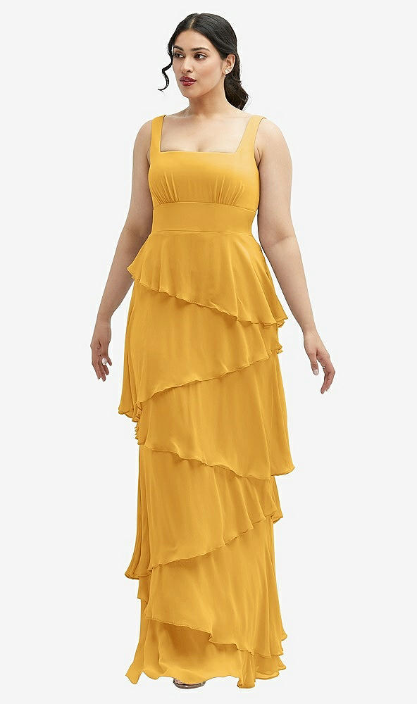 Front View - NYC Yellow Asymmetrical Tiered Ruffle Chiffon Maxi Dress with Square Neckline