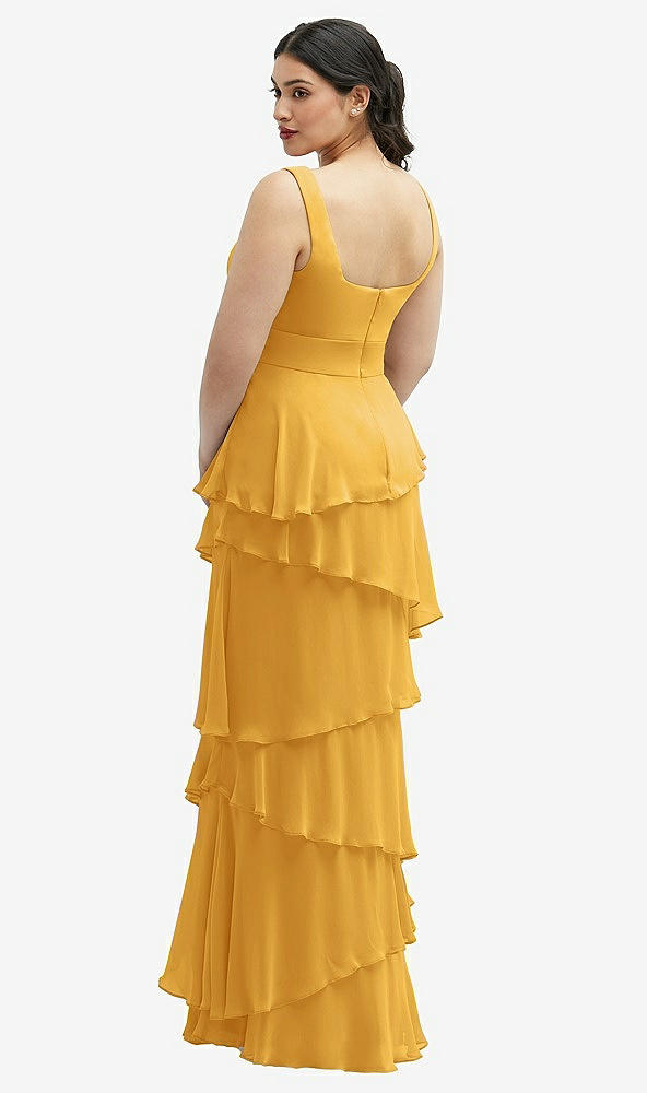 Back View - NYC Yellow Asymmetrical Tiered Ruffle Chiffon Maxi Dress with Square Neckline