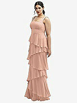 Side View Thumbnail - Pale Peach Asymmetrical Tiered Ruffle Chiffon Maxi Dress with Square Neckline
