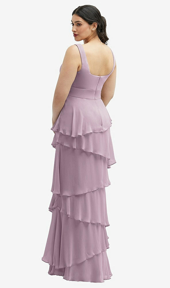 Back View - Suede Rose Asymmetrical Tiered Ruffle Chiffon Maxi Dress with Square Neckline