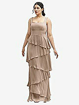 Front View Thumbnail - Topaz Asymmetrical Tiered Ruffle Chiffon Maxi Dress with Square Neckline