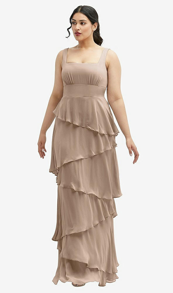 Front View - Topaz Asymmetrical Tiered Ruffle Chiffon Maxi Dress with Square Neckline