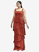 Front View Thumbnail - Amber Sunset Asymmetrical Tiered Ruffle Chiffon Maxi Dress with Square Neckline