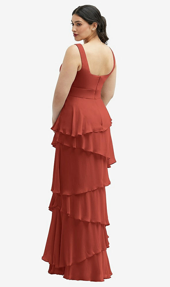Back View - Amber Sunset Asymmetrical Tiered Ruffle Chiffon Maxi Dress with Square Neckline