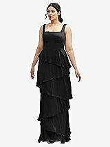 Front View Thumbnail - Black Asymmetrical Tiered Ruffle Chiffon Maxi Dress with Square Neckline