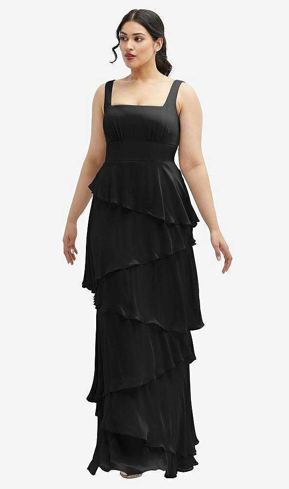 Front View - Black Asymmetrical Tiered Ruffle Chiffon Maxi Dress with Square Neckline