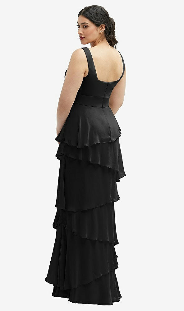 Back View - Black Asymmetrical Tiered Ruffle Chiffon Maxi Dress with Square Neckline