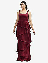 Front View Thumbnail - Burgundy Asymmetrical Tiered Ruffle Chiffon Maxi Dress with Square Neckline