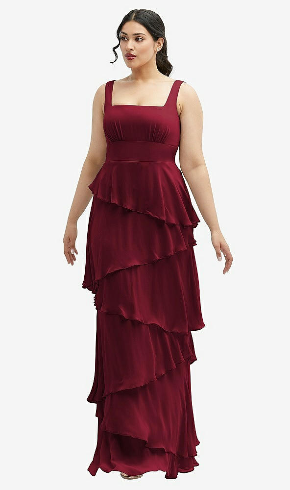 Front View - Burgundy Asymmetrical Tiered Ruffle Chiffon Maxi Dress with Square Neckline