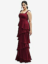 Side View Thumbnail - Burgundy Asymmetrical Tiered Ruffle Chiffon Maxi Dress with Square Neckline