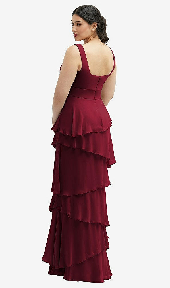 Back View - Burgundy Asymmetrical Tiered Ruffle Chiffon Maxi Dress with Square Neckline