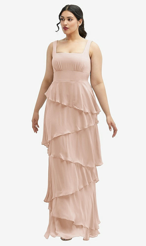 Front View - Cameo Asymmetrical Tiered Ruffle Chiffon Maxi Dress with Square Neckline