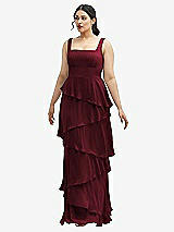 Front View Thumbnail - Cabernet Asymmetrical Tiered Ruffle Chiffon Maxi Dress with Square Neckline