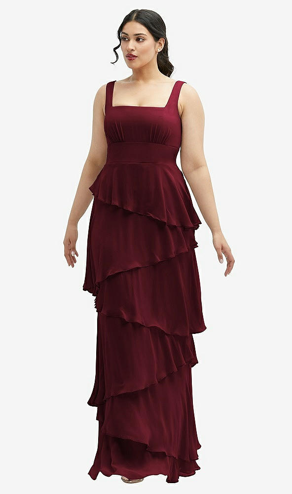 Front View - Cabernet Asymmetrical Tiered Ruffle Chiffon Maxi Dress with Square Neckline