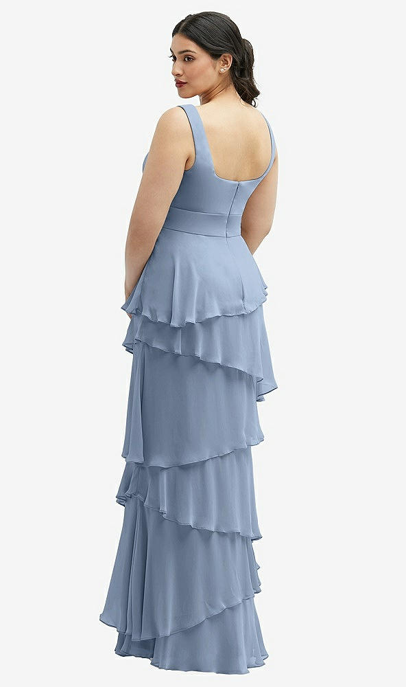 Back View - Cloudy Asymmetrical Tiered Ruffle Chiffon Maxi Dress with Square Neckline