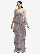 Front View Thumbnail - Cashmere Gray Asymmetrical Tiered Ruffle Chiffon Maxi Dress with Square Neckline