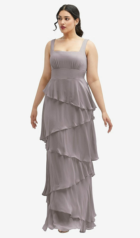 Front View - Cashmere Gray Asymmetrical Tiered Ruffle Chiffon Maxi Dress with Square Neckline