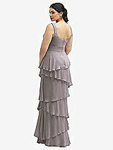 Rear View Thumbnail - Cashmere Gray Asymmetrical Tiered Ruffle Chiffon Maxi Dress with Square Neckline