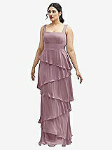 Front View Thumbnail - Dusty Rose Asymmetrical Tiered Ruffle Chiffon Maxi Dress with Square Neckline