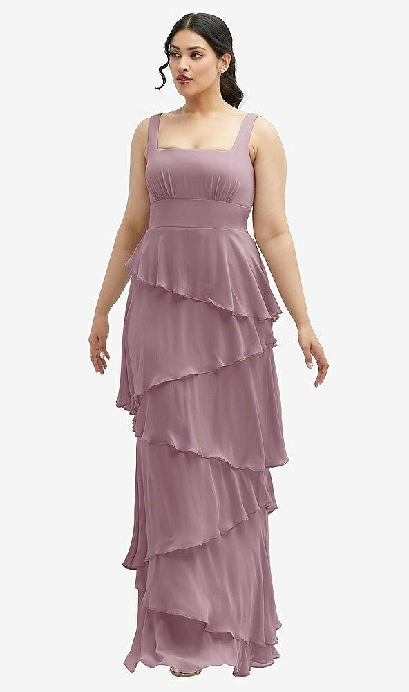 Front View - Dusty Rose Asymmetrical Tiered Ruffle Chiffon Maxi Dress with Square Neckline