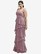 Side View Thumbnail - Dusty Rose Asymmetrical Tiered Ruffle Chiffon Maxi Dress with Square Neckline