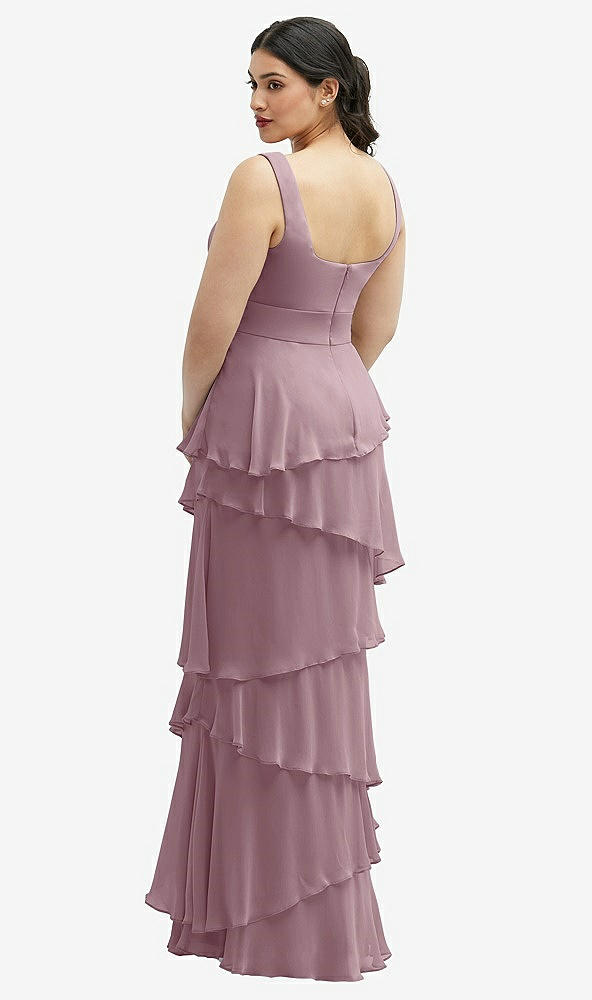 Back View - Dusty Rose Asymmetrical Tiered Ruffle Chiffon Maxi Dress with Square Neckline