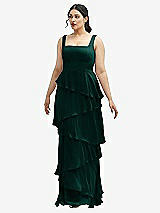 Front View Thumbnail - Evergreen Asymmetrical Tiered Ruffle Chiffon Maxi Dress with Square Neckline