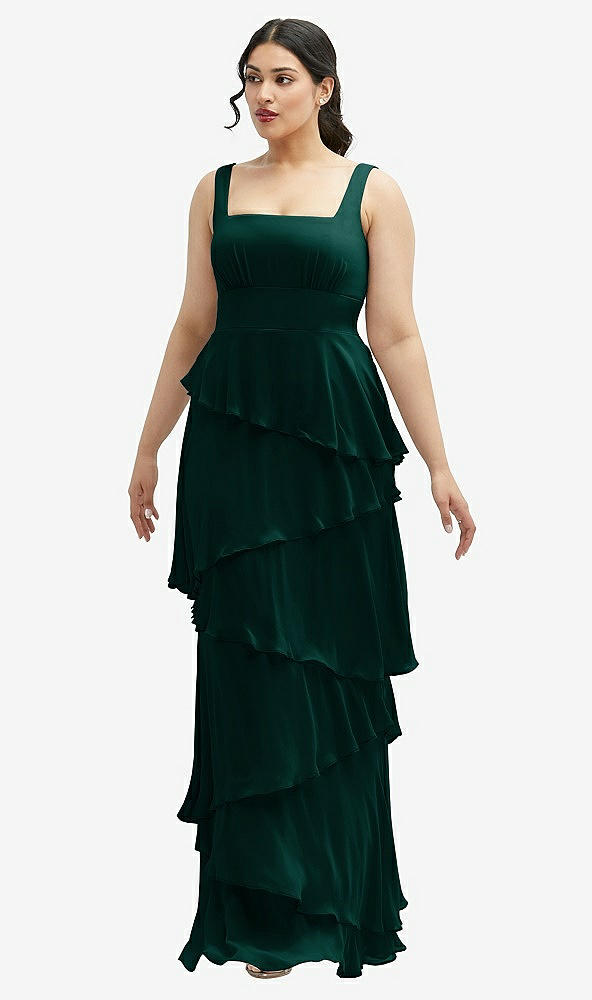 Front View - Evergreen Asymmetrical Tiered Ruffle Chiffon Maxi Dress with Square Neckline