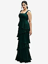 Side View Thumbnail - Evergreen Asymmetrical Tiered Ruffle Chiffon Maxi Dress with Square Neckline