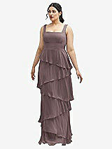 Front View Thumbnail - French Truffle Asymmetrical Tiered Ruffle Chiffon Maxi Dress with Square Neckline