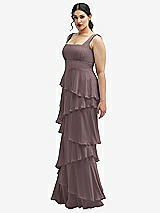 Side View Thumbnail - French Truffle Asymmetrical Tiered Ruffle Chiffon Maxi Dress with Square Neckline