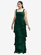 Front View Thumbnail - Hunter Green Asymmetrical Tiered Ruffle Chiffon Maxi Dress with Square Neckline