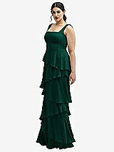Side View Thumbnail - Hunter Green Asymmetrical Tiered Ruffle Chiffon Maxi Dress with Square Neckline