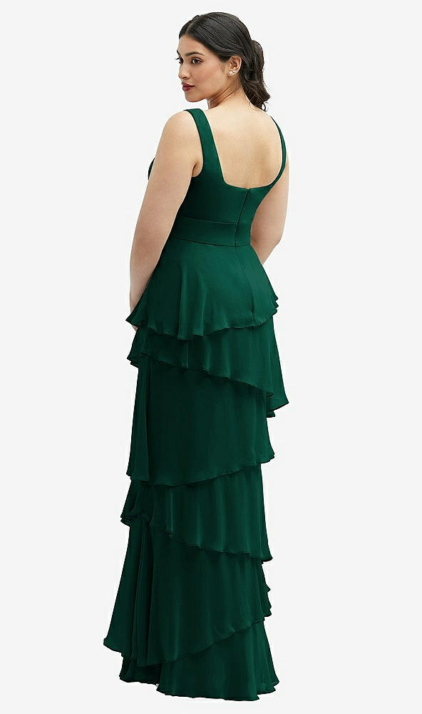 Back View - Hunter Green Asymmetrical Tiered Ruffle Chiffon Maxi Dress with Square Neckline