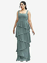 Front View Thumbnail - Icelandic Asymmetrical Tiered Ruffle Chiffon Maxi Dress with Square Neckline