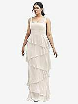 Front View Thumbnail - Ivory Asymmetrical Tiered Ruffle Chiffon Maxi Dress with Square Neckline