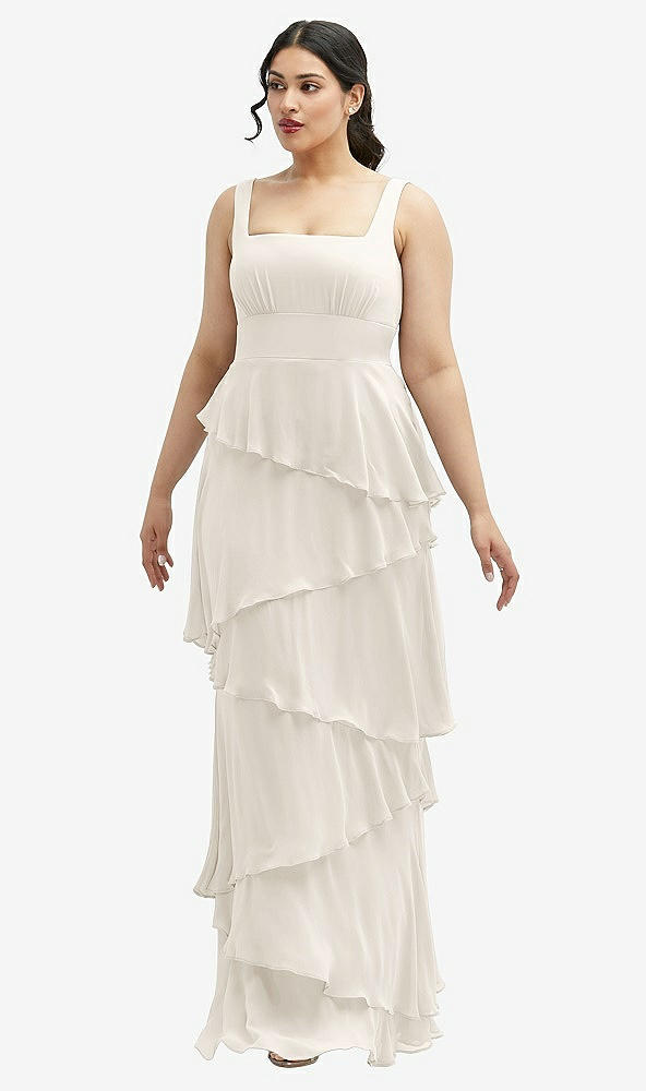 Front View - Ivory Asymmetrical Tiered Ruffle Chiffon Maxi Dress with Square Neckline