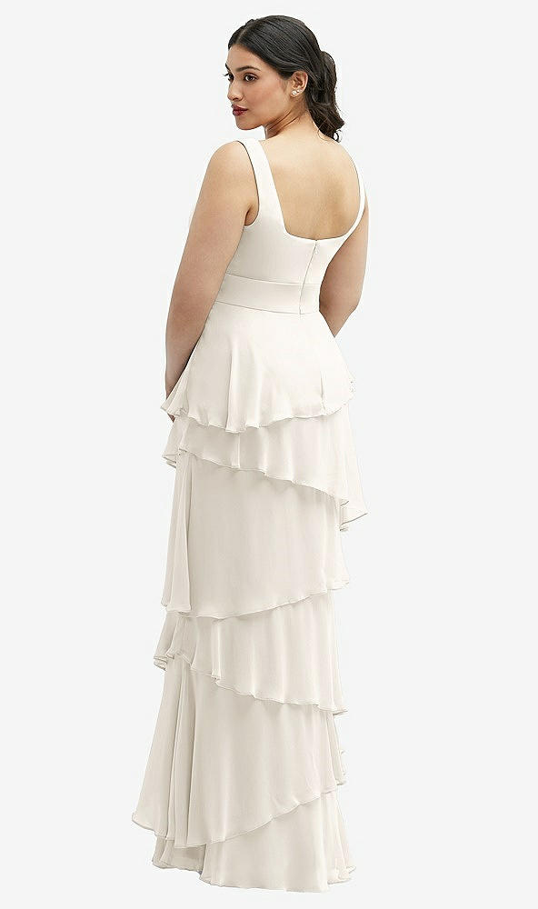 Back View - Ivory Asymmetrical Tiered Ruffle Chiffon Maxi Dress with Square Neckline