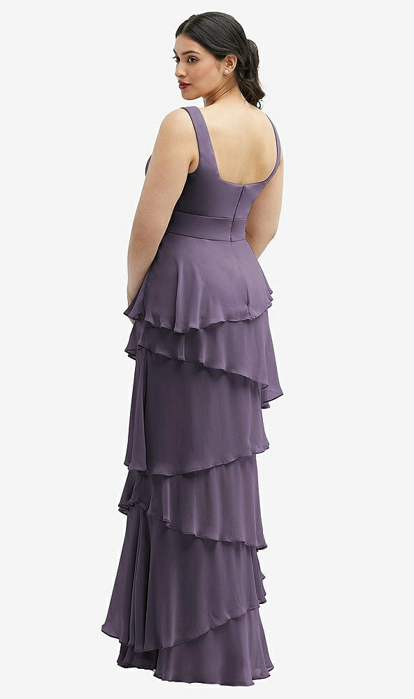 Back View - Lavender Asymmetrical Tiered Ruffle Chiffon Maxi Dress with Square Neckline