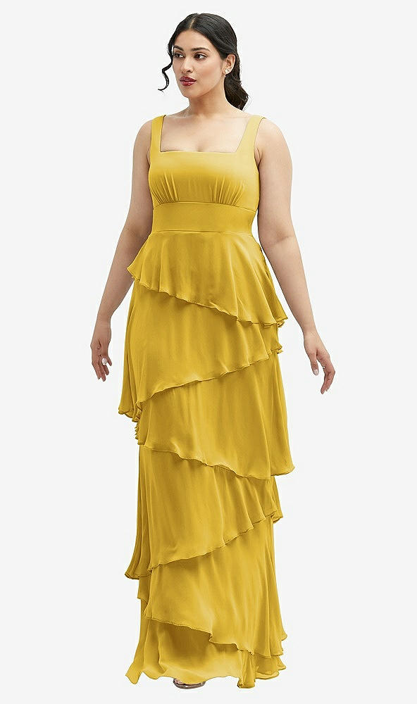 Front View - Marigold Asymmetrical Tiered Ruffle Chiffon Maxi Dress with Square Neckline