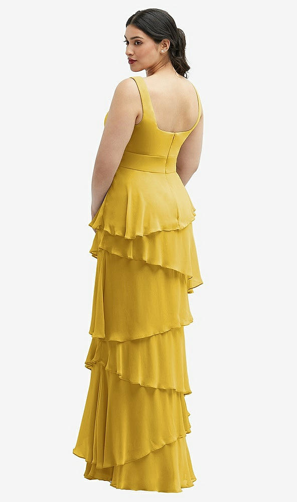 Back View - Marigold Asymmetrical Tiered Ruffle Chiffon Maxi Dress with Square Neckline