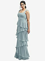 Side View Thumbnail - Morning Sky Asymmetrical Tiered Ruffle Chiffon Maxi Dress with Square Neckline
