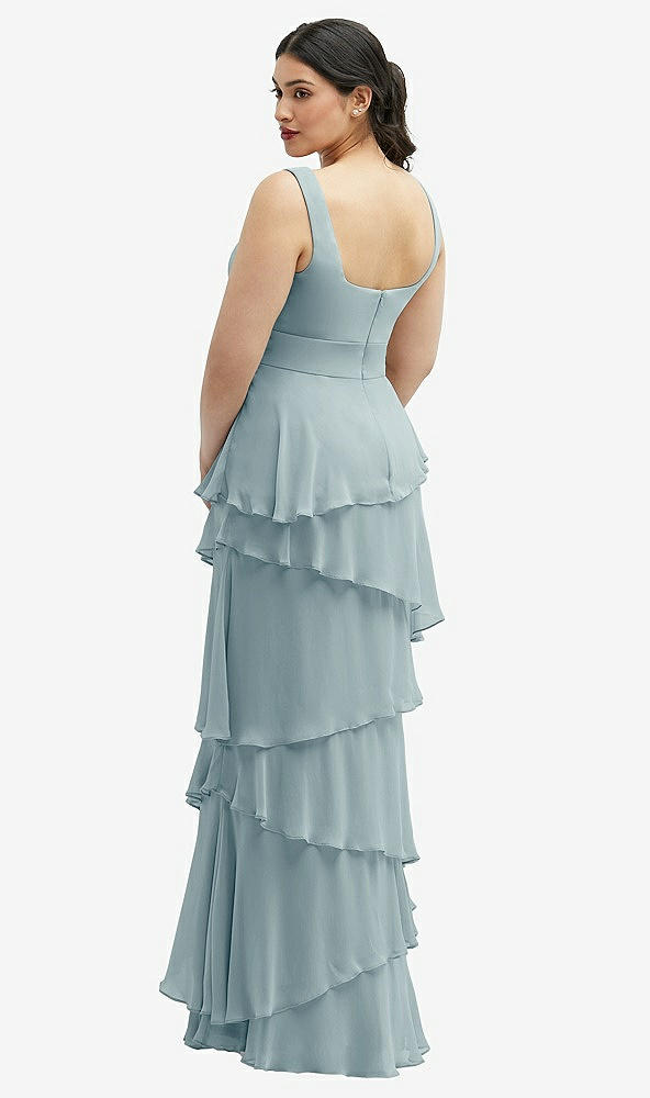 Back View - Morning Sky Asymmetrical Tiered Ruffle Chiffon Maxi Dress with Square Neckline