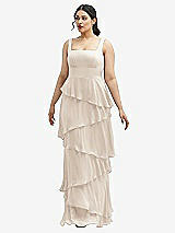 Front View Thumbnail - Oat Asymmetrical Tiered Ruffle Chiffon Maxi Dress with Square Neckline
