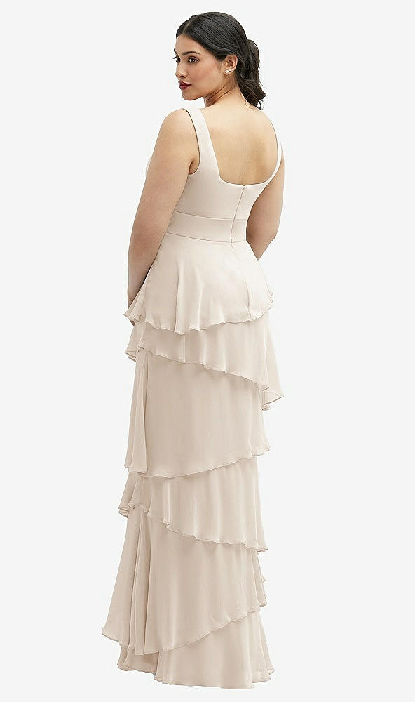 Back View - Oat Asymmetrical Tiered Ruffle Chiffon Maxi Dress with Square Neckline